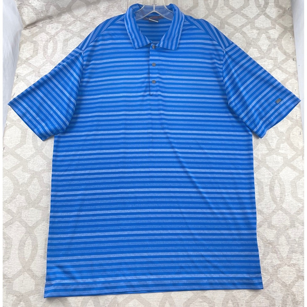 Nike Tiger Woods Collection Blue Striped Dri-FIT Golf Polo Shirt Mens Large Snap